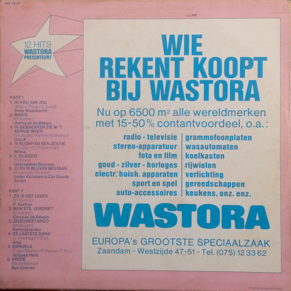 Various - 12 Hits (Wastora Presenteert) (LP) Vinyl LP Vinyl Very Good (VG) <br> Hoes Good Plus (G+)