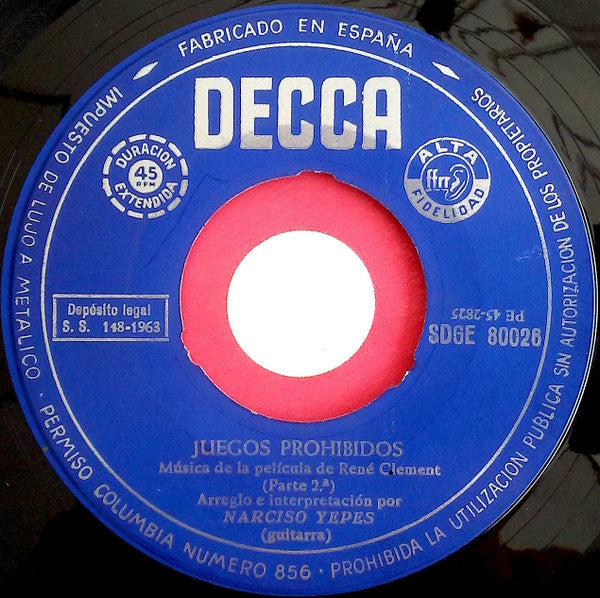 Narciso Yepes - Juegos Prohibidos Vinyl Singles Vinyl Very Good (VG) <br> Hoes Good Plus (G+)