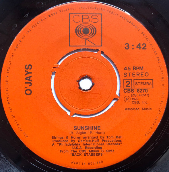 O'Jays - Back Stabbers Vinyl Singles Vinyl Very Good (VG) <br> Hoes Good Plus (G+)