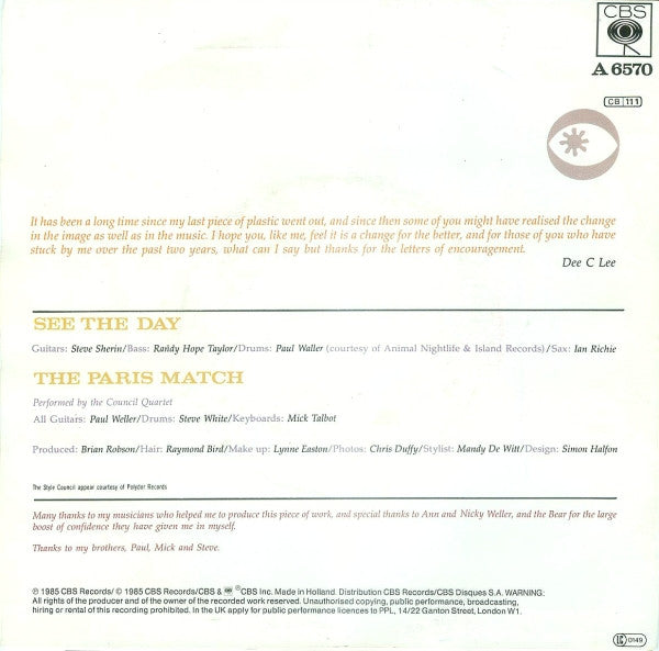 Dee C. Lee - See The Day Vinyl Singles Vinyl Very Good (VG) <br> Hoes Good Plus (G+)