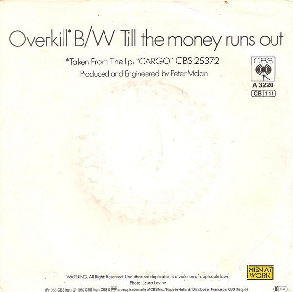 Men At Work - Overkill Vinyl Singles Vinyl Very Good (VG) <br> Hoes Good Plus (G+)