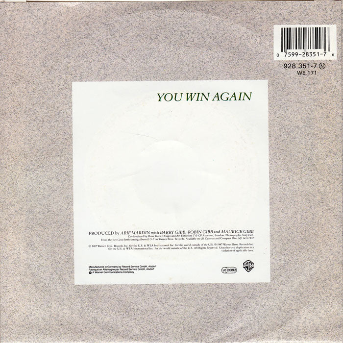 Bee Gees - You Win Again Vinyl Singles Vinyl Very Good (VG) <br> Hoes Good Plus (G+)