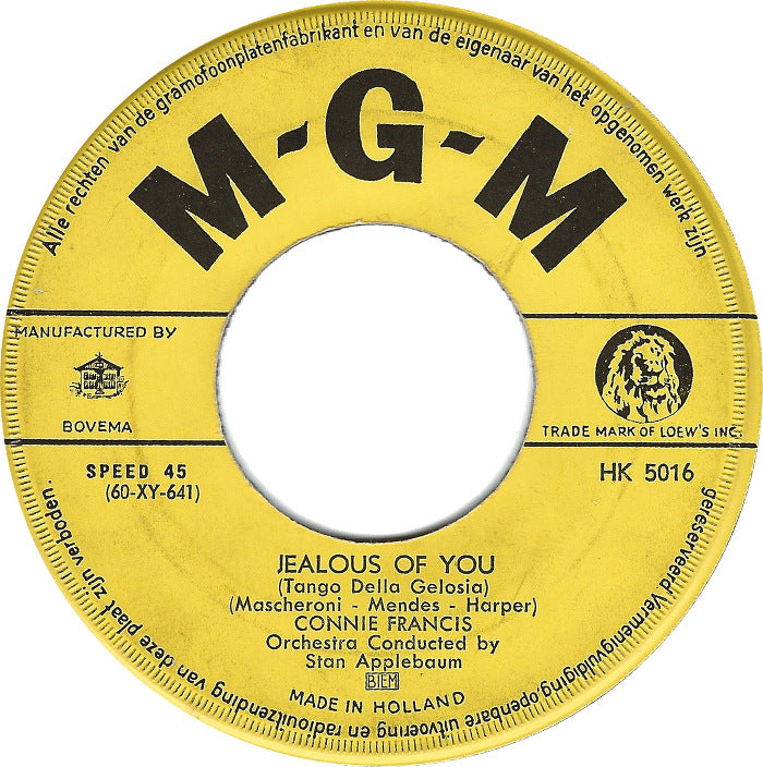 Connie Francis - Jealous Of You (B-Keus) Vinyl Singles Vinyl Very Good (VG) <br> Hoes Generic