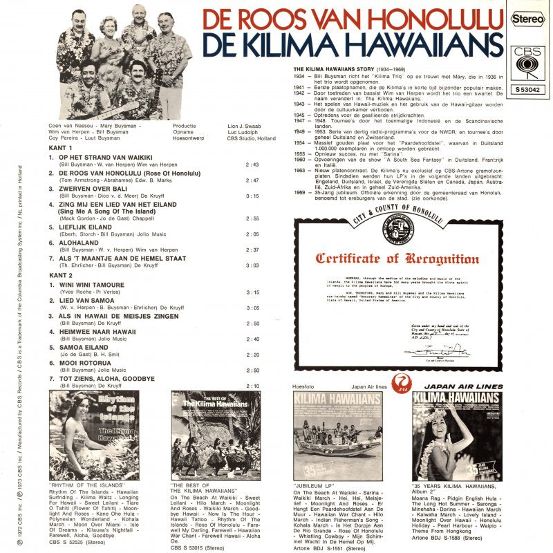 Kilima Hawaiians - De Roos Van Honolulu (LP) Vinyl LP Vinyl Very Good (VG) <br> Hoes Good Plus (G+)