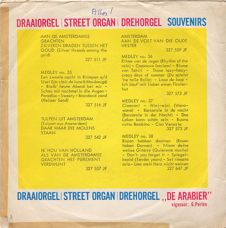 Draaiorgel Arabier - Medley No. 42 Vinyl Singles Vinyl Zeer Goed / Hoesje Goed "VINYLSINGLES.NL"