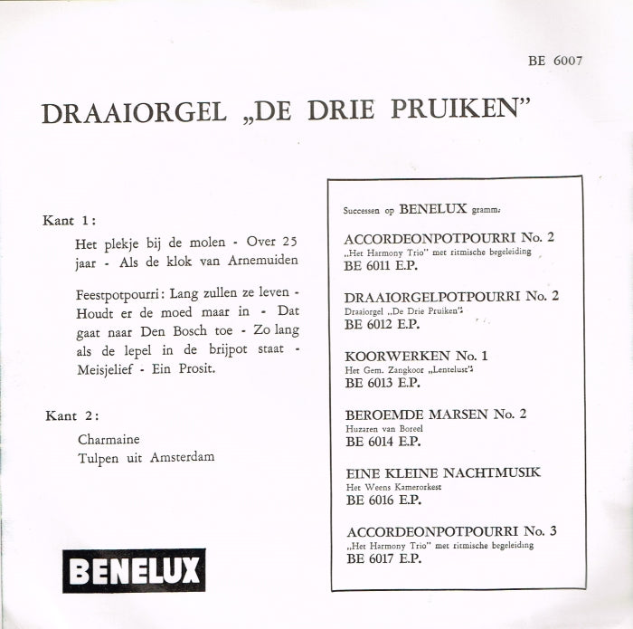 Draaiorgel De Drie Pruiken - Het Plekje Bij De Molen Vinyl Singles EP Vinyl Very Good (VG) <br> Hoes Good Plus (G+)