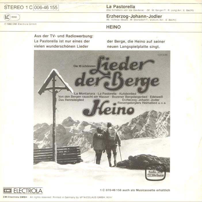 Heino - La Pastorella Vinyl Singles Vinyl Very Good (VG) <br> Hoes Good Plus (G+)