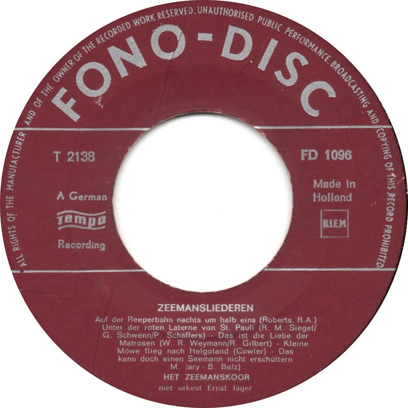 Ernst Jäger Und Sein Orchester - Zeemansliederen Vinyl Singles Vinyl Very Good (VG) <br> Hoes Generic