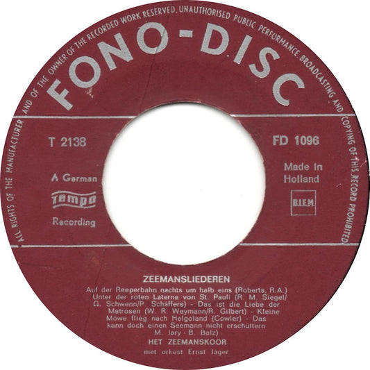 Ernst Jäger Und Sein Orchester - Zeemansliederen Vinyl Singles Vinyl Zeer Goed / Hoesje Generic "VINYLSINGLES.NL"