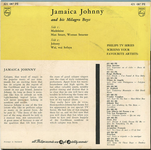 Jamaica Johnny And His Milagro Boys - Madeleine Vinyl Singles EP Vinyl Zeer Goed / Hoesje Goed "VINYLSINGLES.NL"