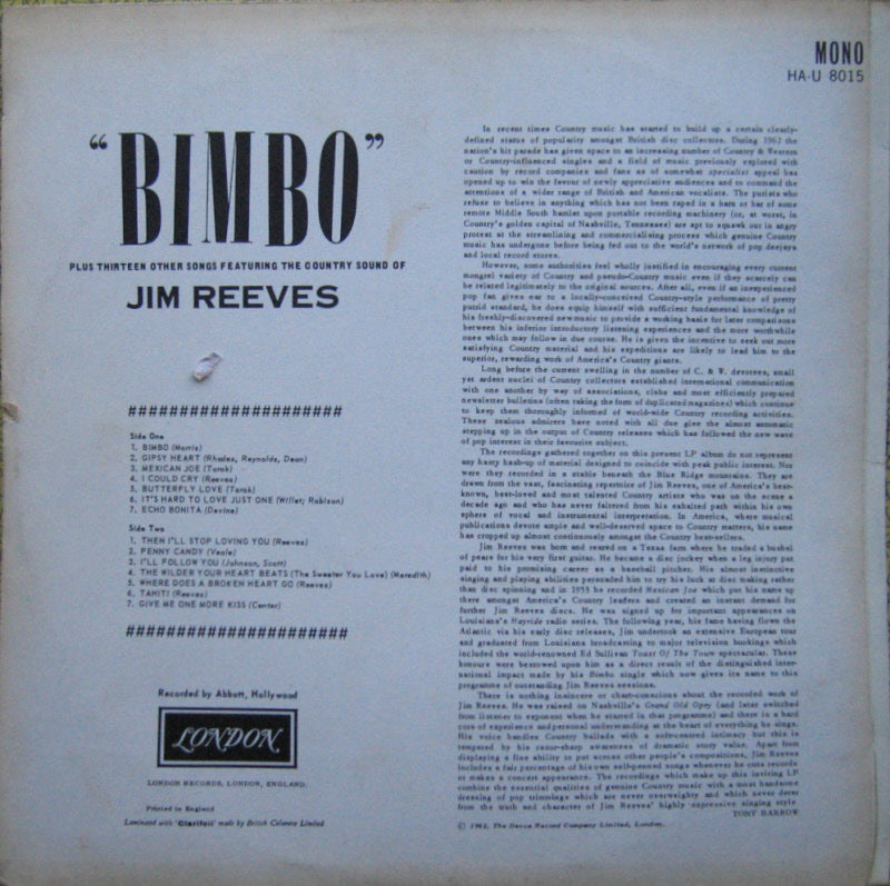 Jim Reeves - Bimbo (LP) Vinyl LP Vinyl Very Good (VG) <br> Hoes Good Plus (G+)