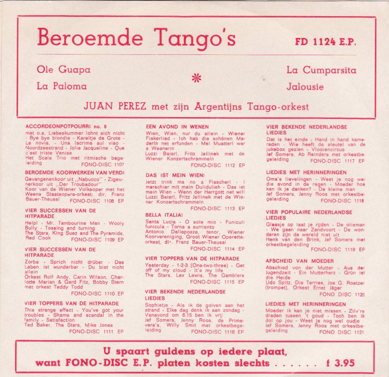 Juan Perez Con Su Orchestra - Beroemde Tango's Vinyl Singles Vinyl Very Good (VG) <br> Hoes Good Plus (G+)