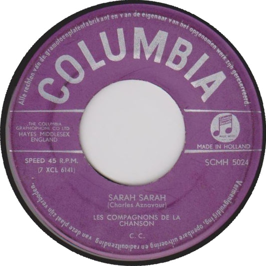 Les Compagnons De La Chanson - Sarah Sarah Vinyl Singles Vinyl Zeer Goed / Hoesje Generic "VINYLSINGLES.NL"