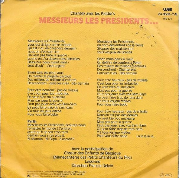 Les Kiddie's - Messieurs Les Présidents Vinyl Zeer Goed / Hoesje Goed "VINYLSINGLES.NL"