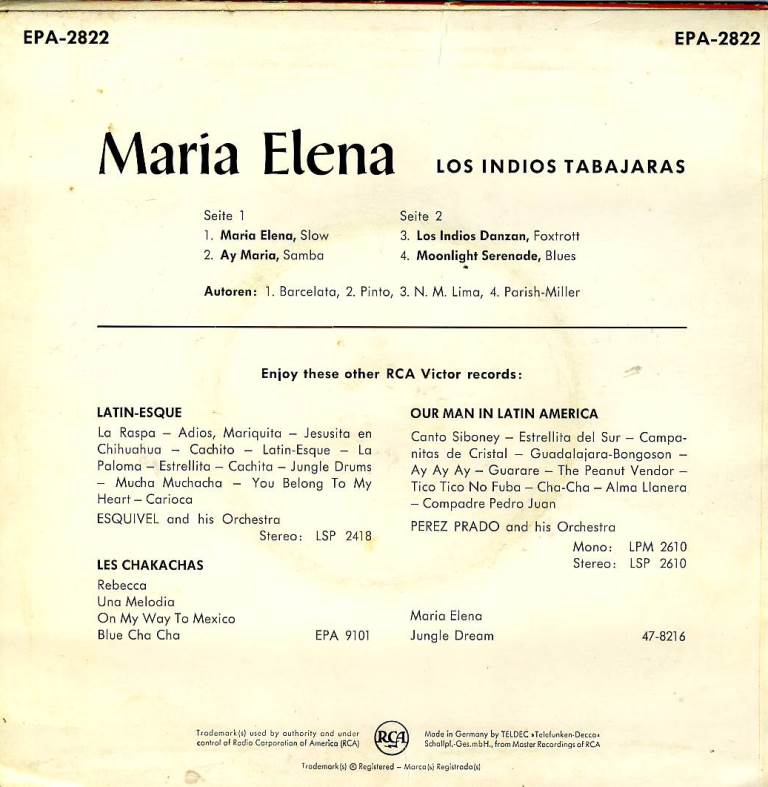 Los Indios Tabajaras - Maria Elena Vinyl Singles EP Vinyl Very Good (VG) <br> Hoes Good Plus (G+)