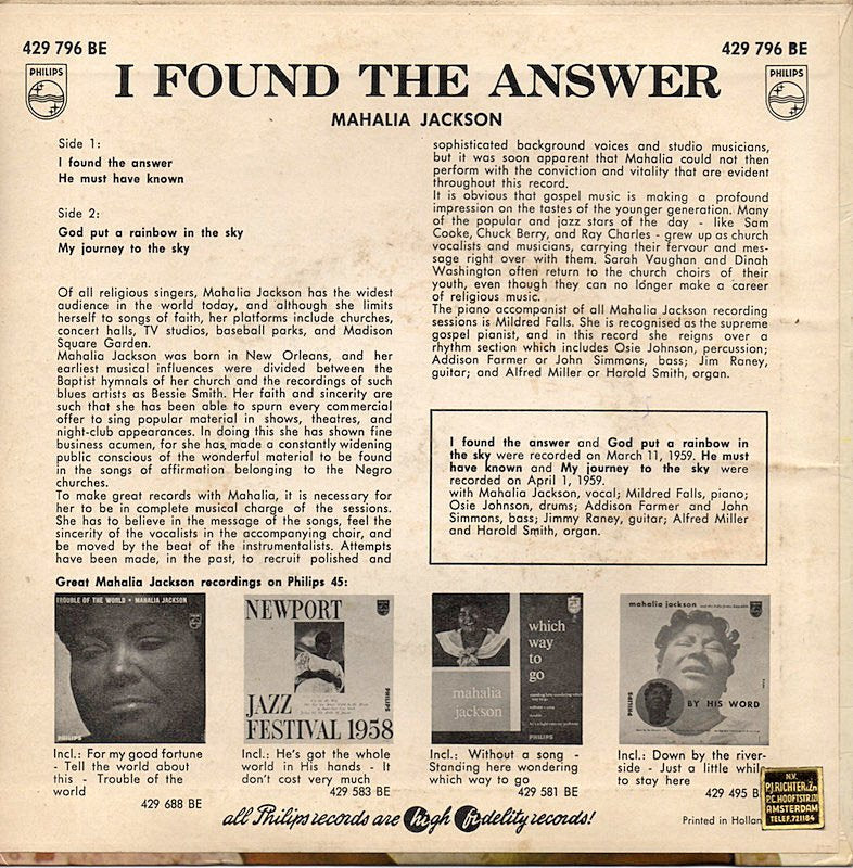 Mahalia Jackson - I Found The Answer Vinyl Singles EP Vinyl Very Good (VG) <br> Hoes Good Plus (G+)