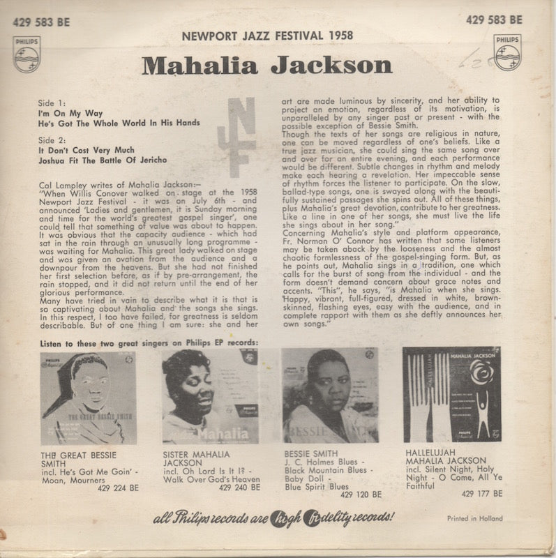 Mahalia Jackson - Newport Jazz Festival Vinyl Singles EP Vinyl Very Good (VG) <br> Hoes Good Plus (G+)