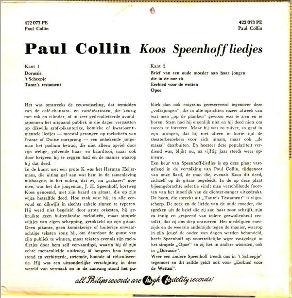 Paul Collin - Koos Speenhoff Liedjes Vinyl Singles Vinyl Very Good (VG) <br> Hoes Good Plus (G+)
