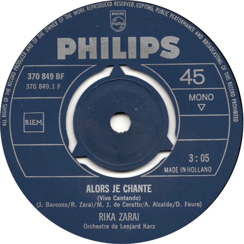 Rika Zarai - Alors Je Chante Vinyl Singles Vinyl Very Good (VG) <br> Hoes Generic