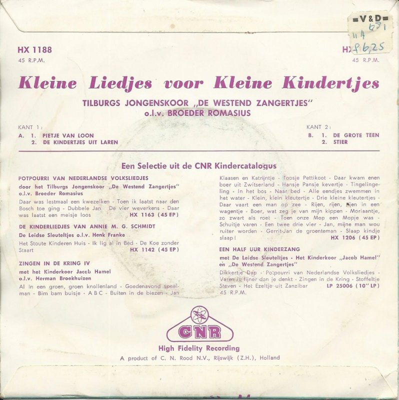 Tilburgs Jongenskoor De Westend Zangertjes - Kleine Liedjes Voor Kleine Kindertjes Vinyl Singles Vinyl Very Good (VG) <br> Hoes Good Plus (G+)