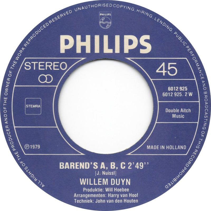 Willem Duyn - Willem Vinyl Singles Vinyl Very Good (VG) <br> Hoes Good Plus (G+)