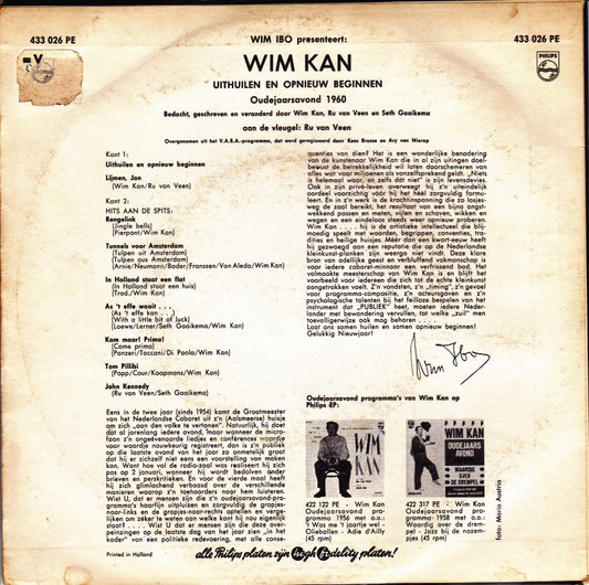 Wim Kan - Uithuilen En Opnieuw Beginnen: Oudejaarsavond 1960 26294 Vinyl Singles EP Vinyl Zeer Goed / Hoesje Goed "VINYLSINGLES.NL"