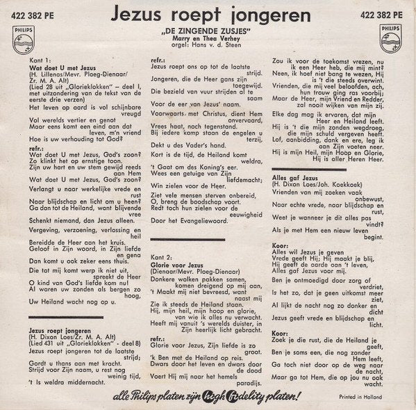 Zingende Zusjes - Jezus Roept Jongeren 25754 Vinyl Singles EP Vinyl Very Good (VG) <br> Hoes Good Plus (G+)