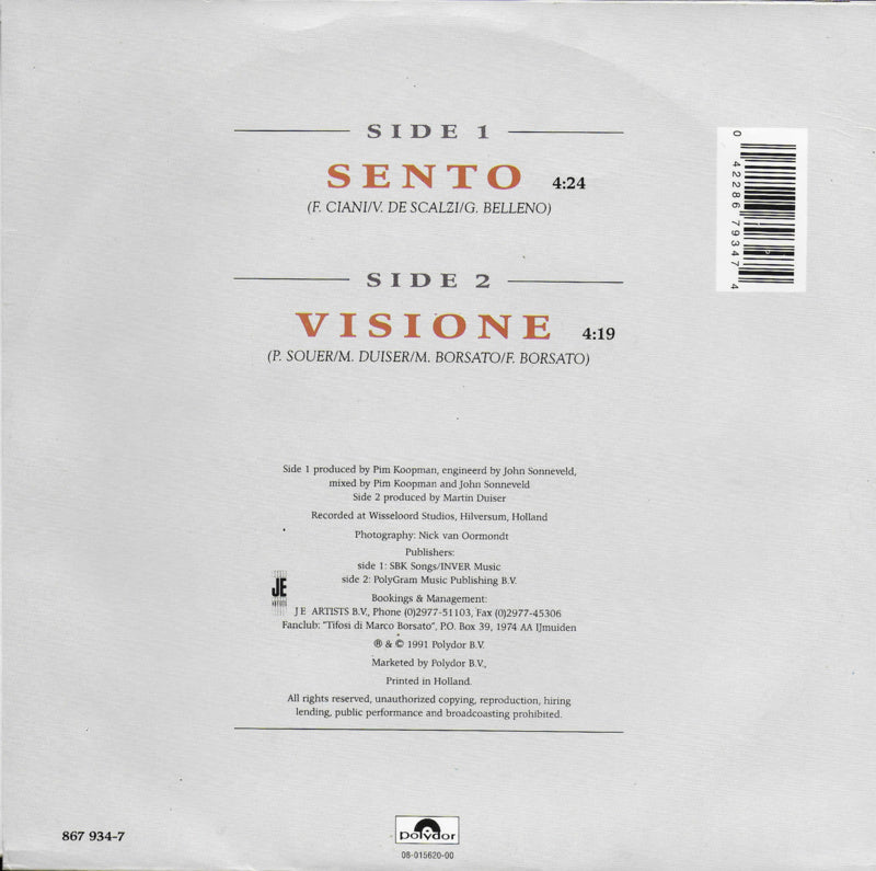 Marco Borsato - Sento Vinyl Singles Vinyl Very Good (VG) <br> Hoes Good Plus (G+)