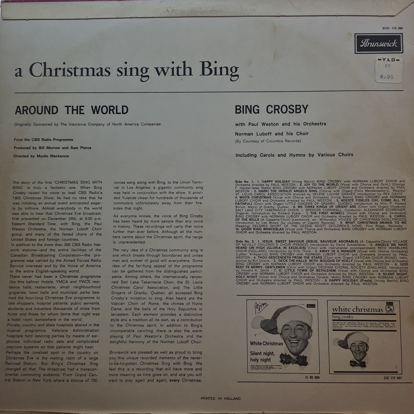 Bing Crosby , Norman Luboff Choir - A Christmas Sing With Bing - Around The World (LP) Vinyl LP Vinyl Very Good (VG) <br> Hoes Good Plus (G+)