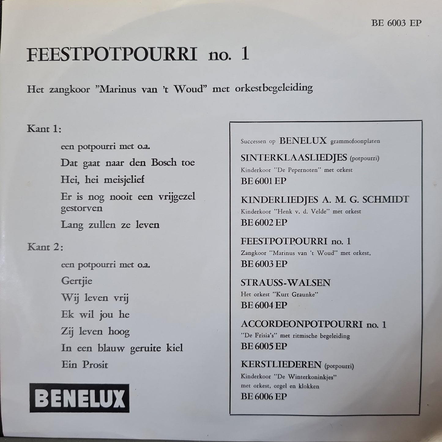 Zangkoor Marinus van 'T Woud - Feetpotpourri no.* Vinyl Singles EP Vinyl Very Good (VG) <br> Hoes Good Plus (G+)