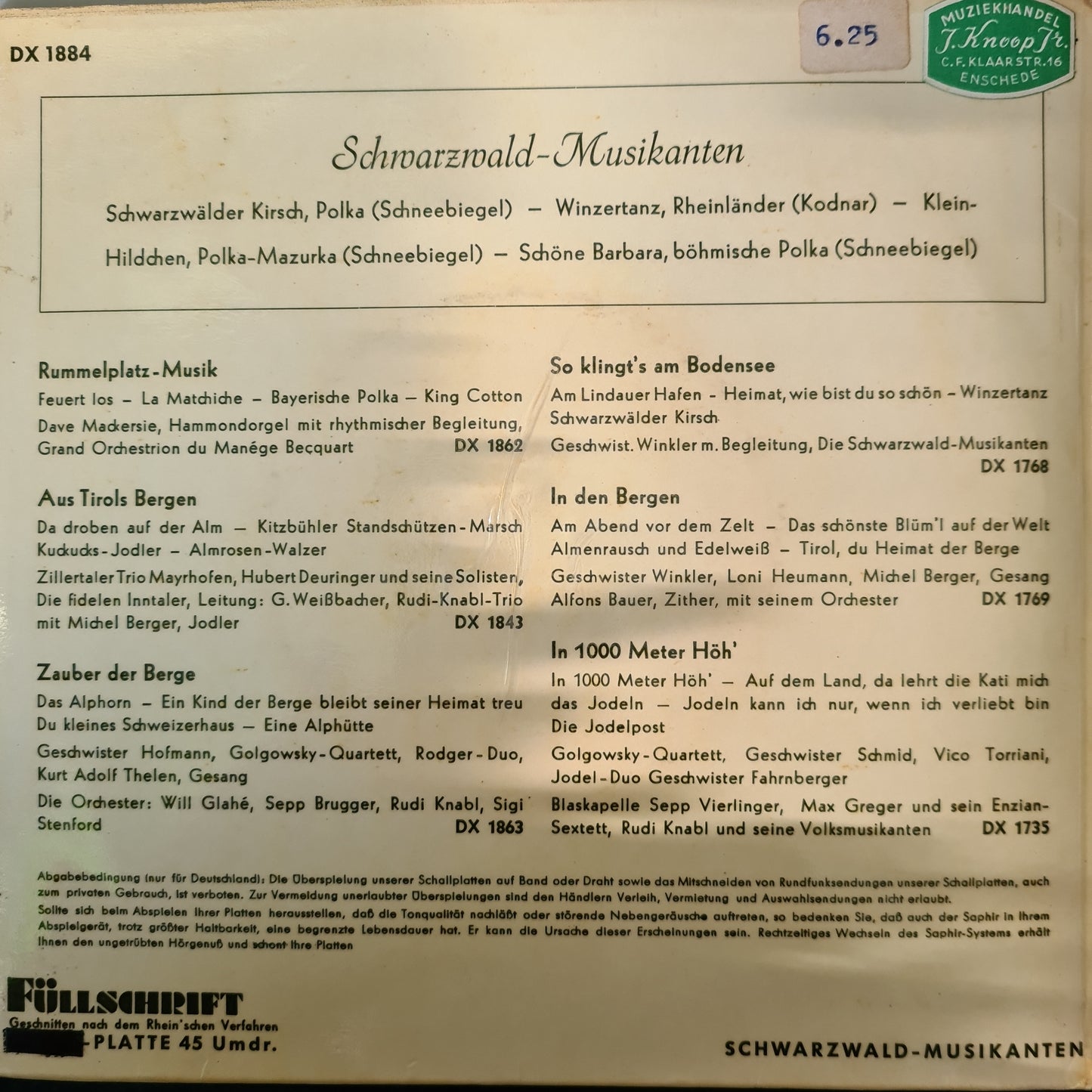 Schwarzwald Musikanten - Schwarzwalder Kirsch Polka Vinyl Singles EP Vinyl Very Good (VG) <br> Hoes Good Plus (G+)