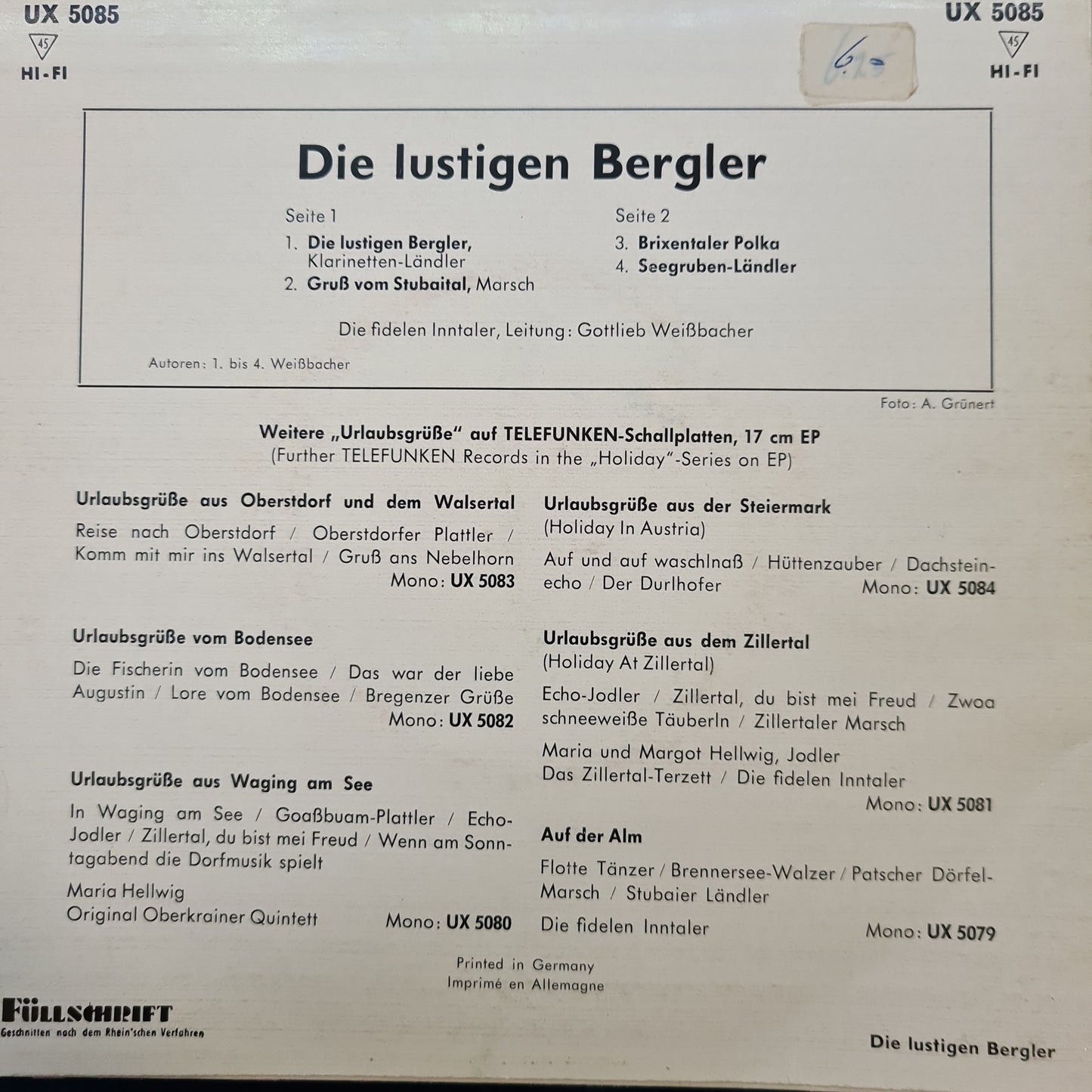 Lustigen Bergler - De Lustigen Bergler Vinyl Singles EP Vinyl Very Good (VG) <br> Hoes Good Plus (G+)