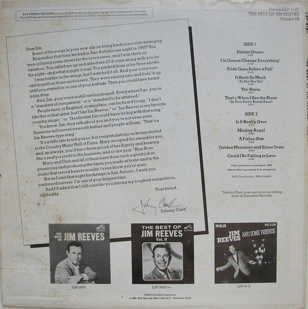 Jim Reeves - The Best Of III (LP) Vinyl LP Vinyl Very Good (VG) <br> Hoes Good Plus (G+)
