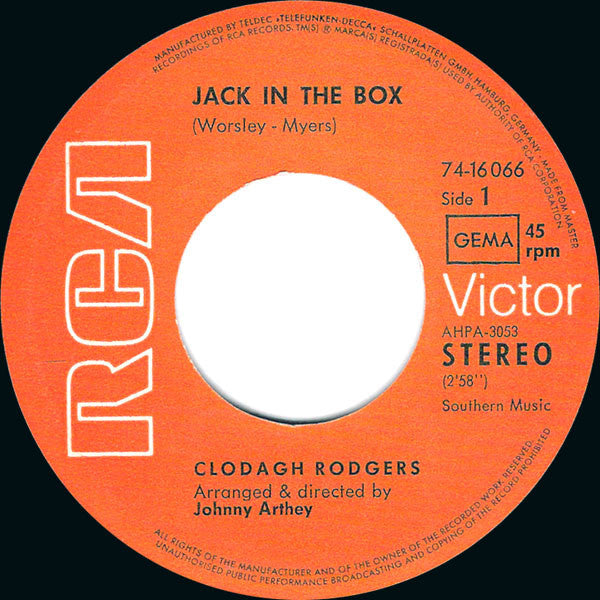 Clodagh Rodgers - Jack In The Box 12021 Vinyl Singles Vinyl Very Good (VG) <br> Hoes Good Plus (G+)