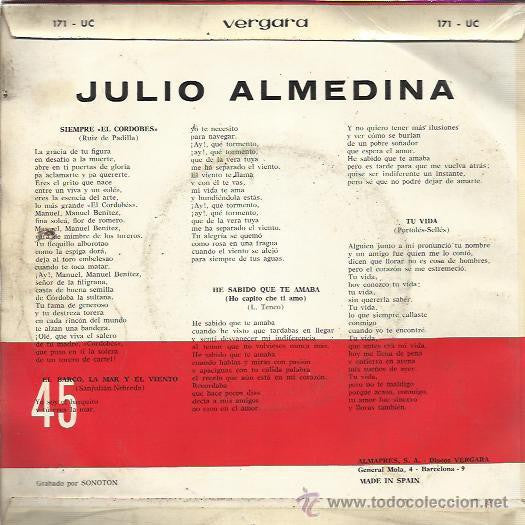 Julio Almedina - Brindis A El Cordobes Vinyl Singles EP Media: VG+ / Sleeve: G+