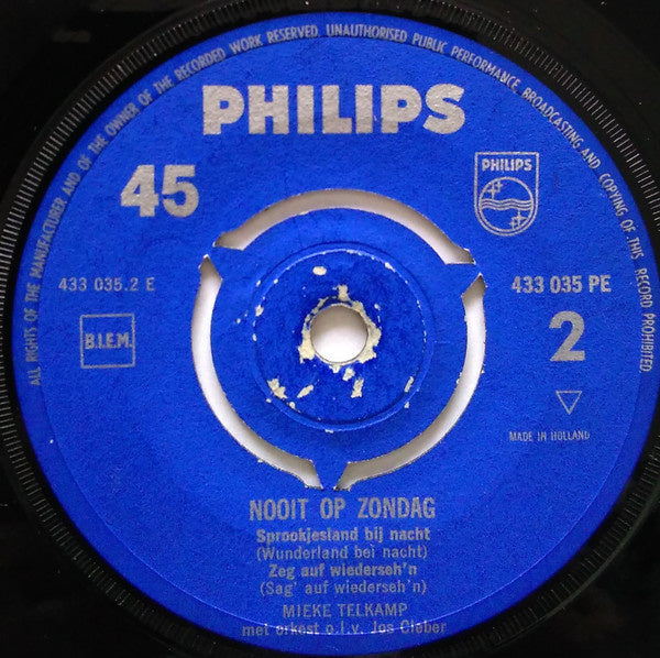 Mieke Telkamp - Nooit op zondag Vinyl Singles EP Vinyl Very Good (VG) <br> Hoes Good Plus (G+)