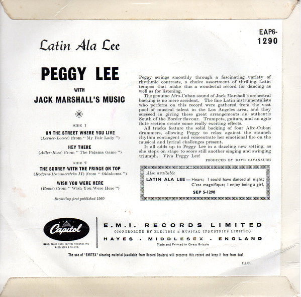 Peggy Lee, Jack Marshall's Music - Latin Ala Lee! Vinyl Singles EP Vinyl Very Good (VG) <br> Hoes Good Plus (G+)