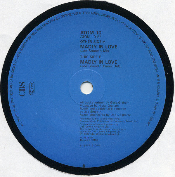 Bros - Madly In Love Vinyl Singles Vinyl Very Good (VG) <br> Hoes Good Plus (G+)