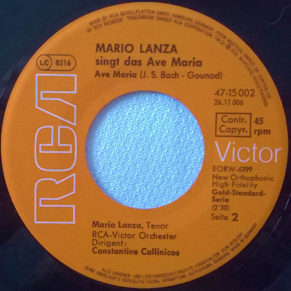 Mario Lanza - Mario Lanza Singt Das Ave Maria Vinyl Singles Vinyl Very Good (VG) <br> Hoes Good Plus (G+)
