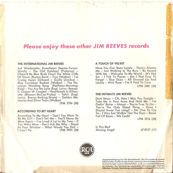 Jim Reeves - Love You Because Vinyl Singles Vinyl (VG) <br> Hoes (G+)