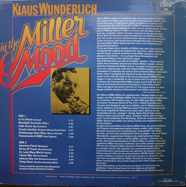 Klaus Wunderlich - In The Miller Mood Klaus Wunderlich Spielt Glenn Miller (LP) Vinyl LP Vinyl Very Good (VG) <br> Hoes Good Plus (G+)