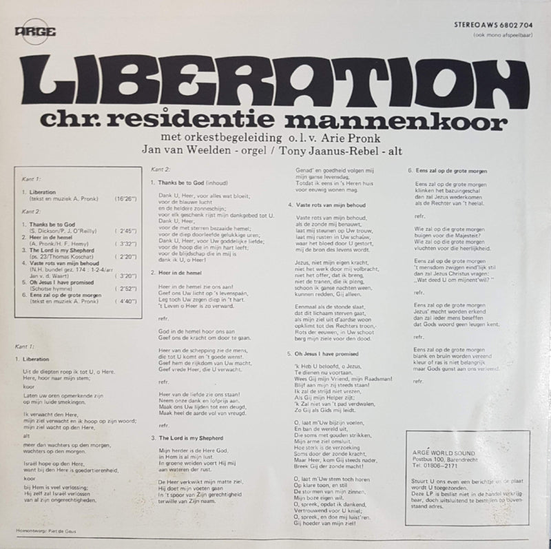Chr. Residentie Mannenkoor - Liberation (LP) Vinyl LP Vinyl Very Good (VG) <br> Hoes Good Plus (G+)