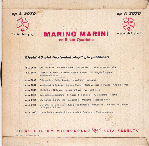 Marino Marini Ed Il Suo Quartetto - Serenatella Sciue Sciue Vinyl Singles EP Vinyl Very Good (VG) <br> Hoes Good Plus (G+)
