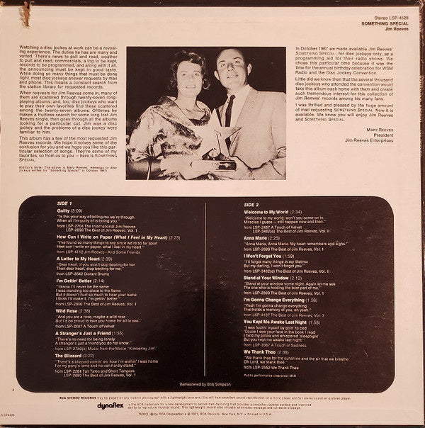 Jim Reeves - Something Special (LP) Vinyl LP Vinyl Very Good (VG) <br> Hoes Good Plus (G+)