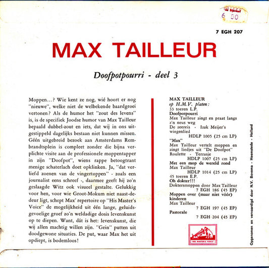 Max Tailleur - Doofpotpourri (Deel *) Vinyl Singles Vinyl Zeer Goed / Hoesje Goed "VINYLSINGLES.NL"