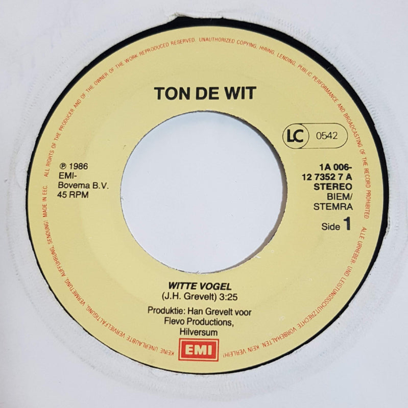 Ton de Wit - Witte Vogel Vinyl Singles Vinyl Very Good (VG) <br> Hoes Generic