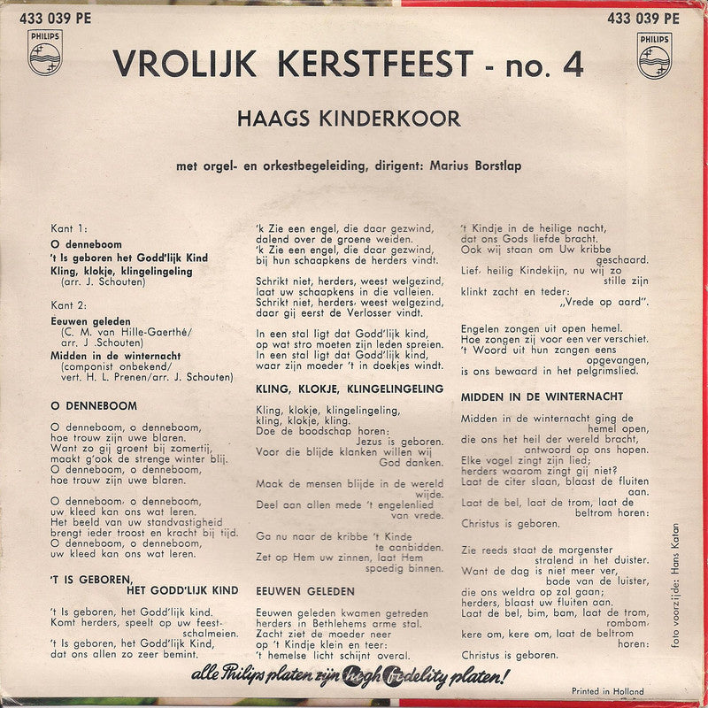 Haags Kinderkoor - Vrolijk Kerstfeest - No. 4 Vinyl Singles EP Vinyl Very Good (VG) <br> Hoes Good Plus (G+)