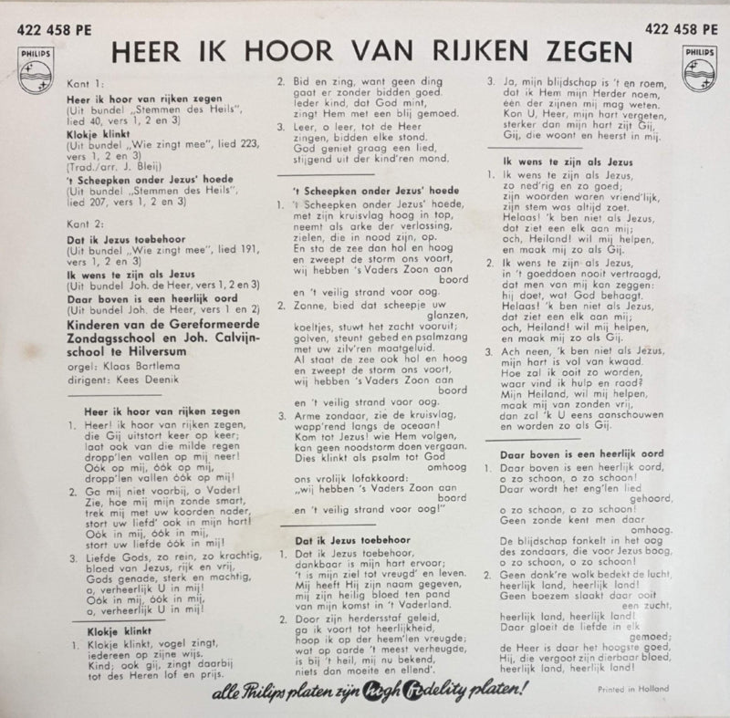Kinderen van de Gereformeerde Zondagsschool en Joh. Calvijnschool te Hilversum - Heer Ik Hoor Van Rijken Zeggen Vinyl Singles Vinyl Very Good (VG) <br> Hoes Good Plus (G+)