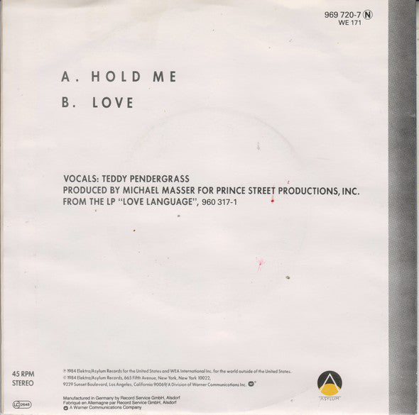 Teddy Pendergrass - Hold Me Vinyl Singles Vinyl Very Good (VG) <br> Hoes Good Plus (G+)