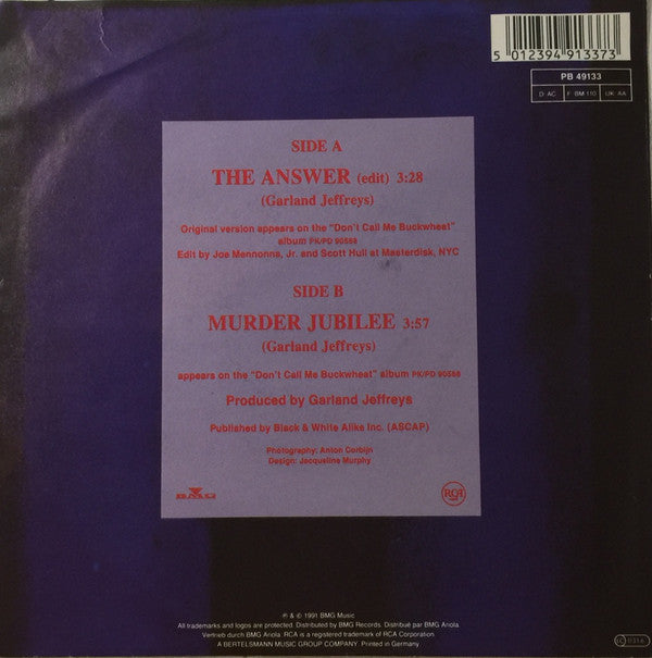 Garland Jeffreys - The Answer Vinyl Singles Vinyl Very Good (VG) <br> Hoes Good Plus (G+)